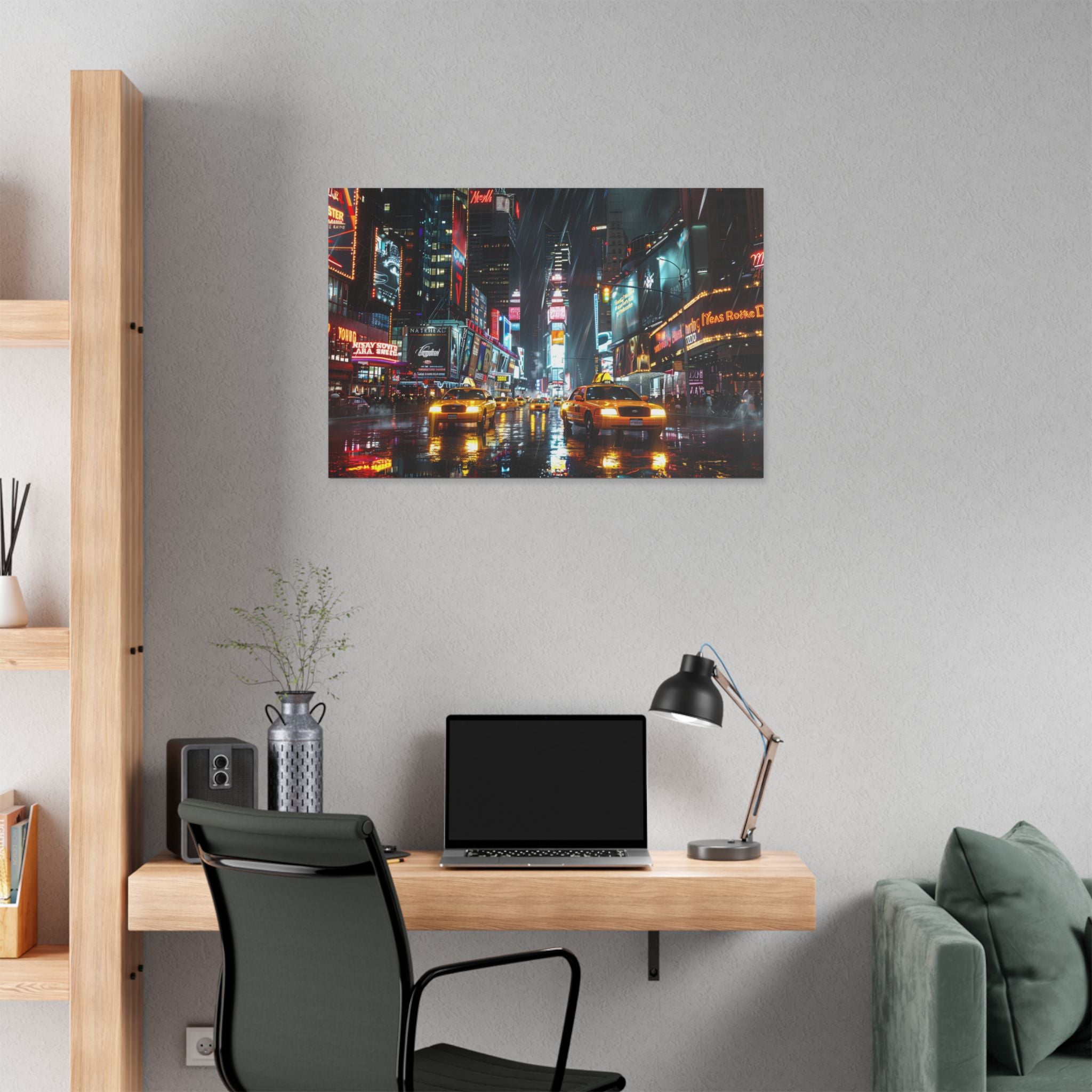 New York Night Street Canvas Print — Rainy Times Square Taxi Wall Art