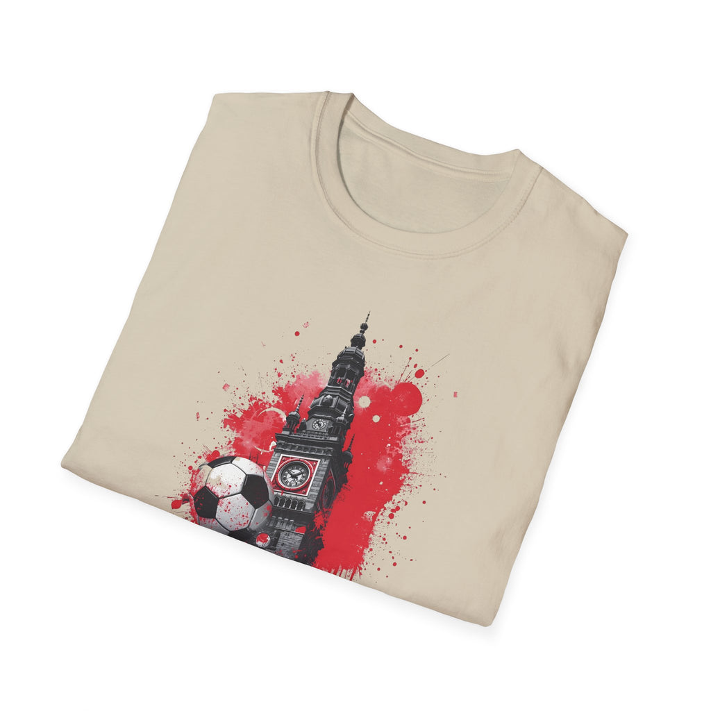 Munich Football Illustration T-Shirt | Soccer Ball, Clock Tower, Red Paint Splatter