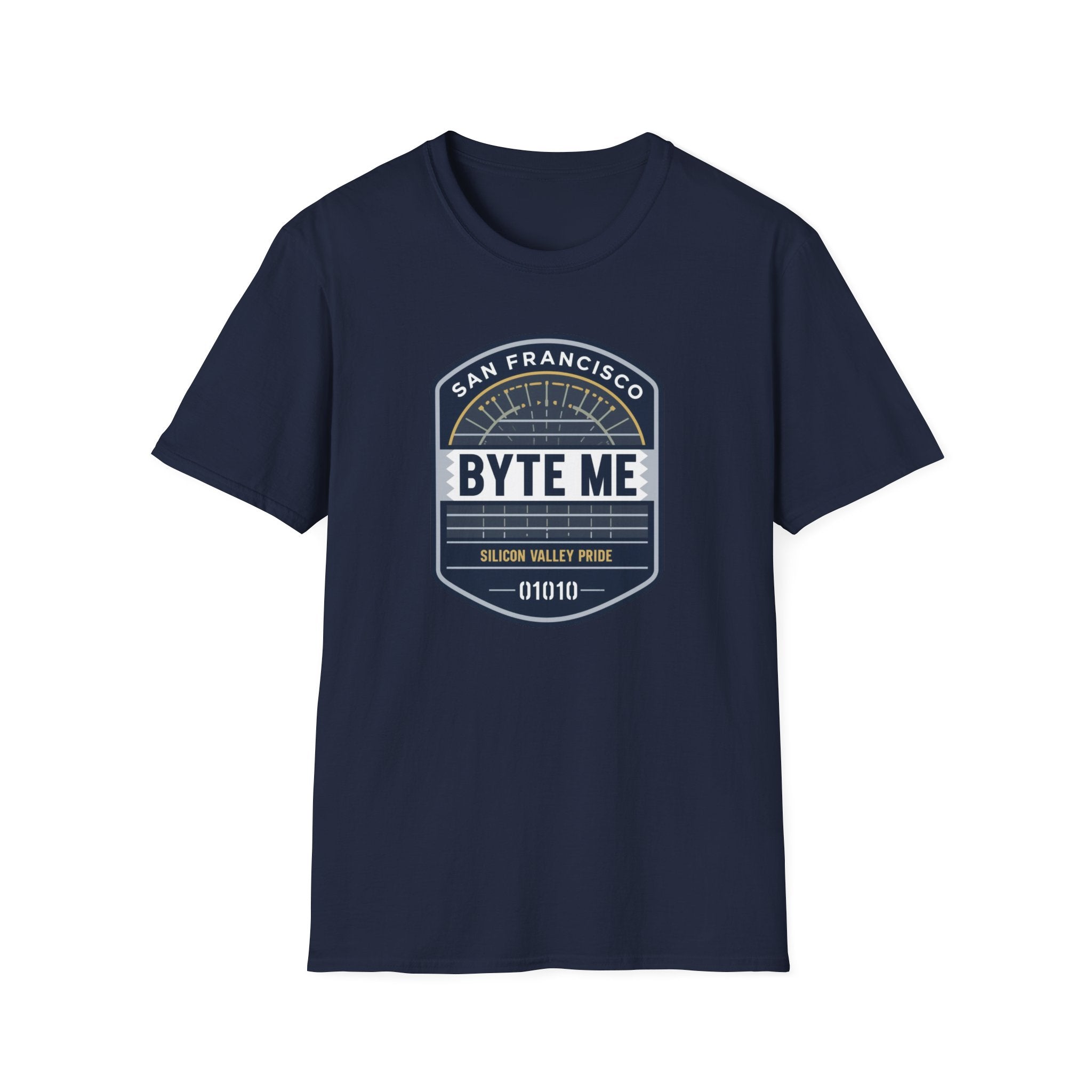 Byte Me San Francisco T-Shirt — Retro Tech Badge Tee (01010)