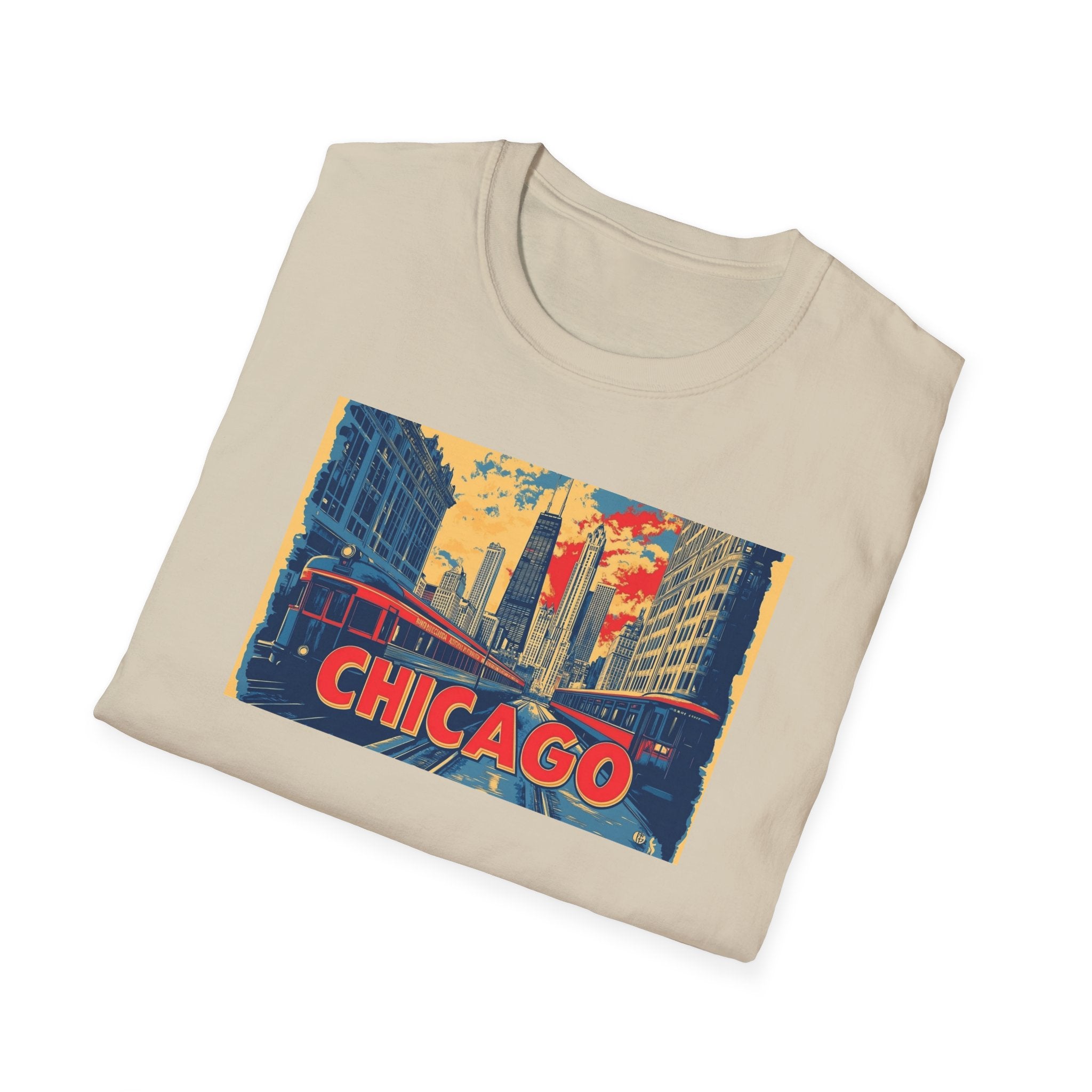 Chicago Cityscape T-Shirt | Vintage Skyline, El Train Poster Style