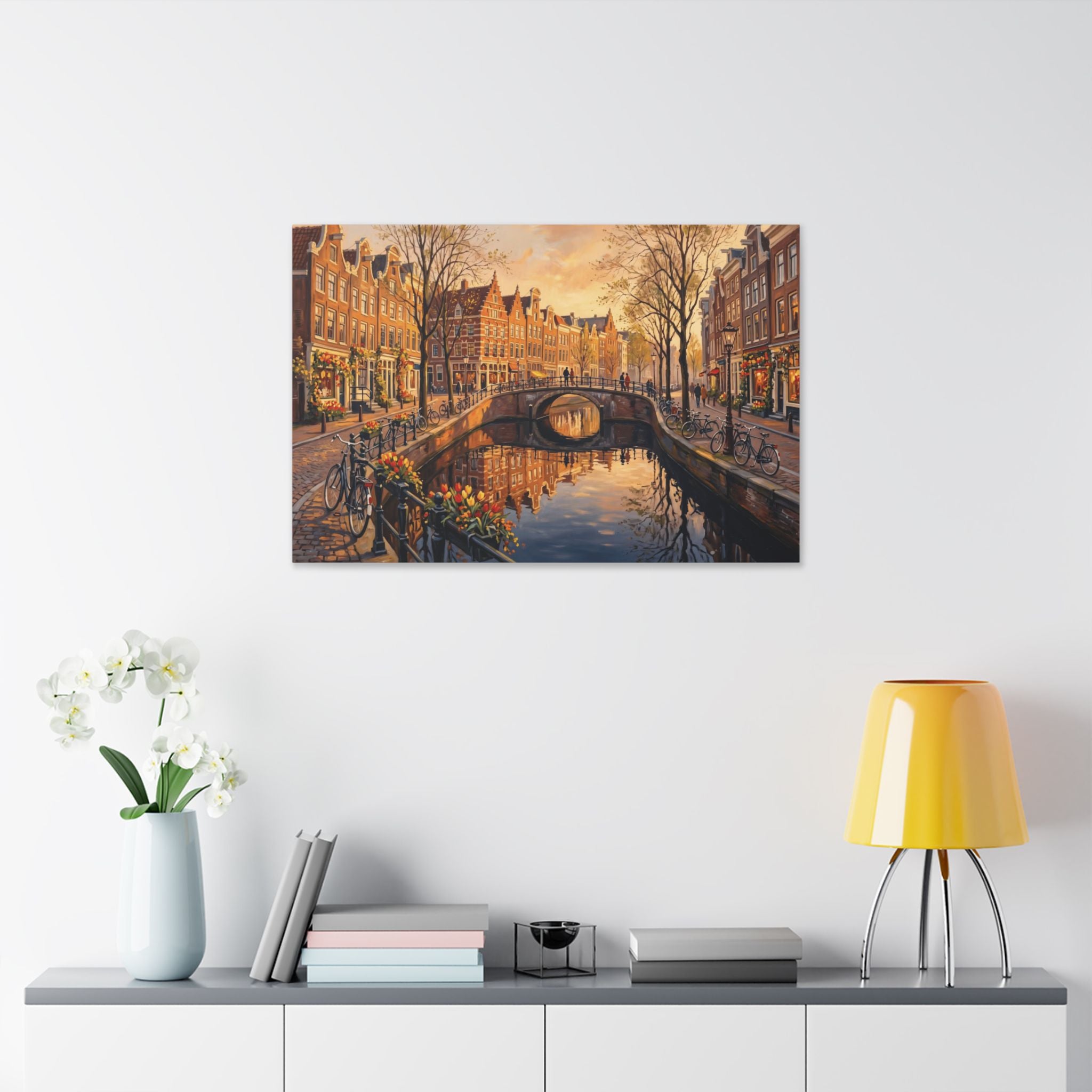 Amsterdam Canal Sunset Stretched Canvas Wall Art