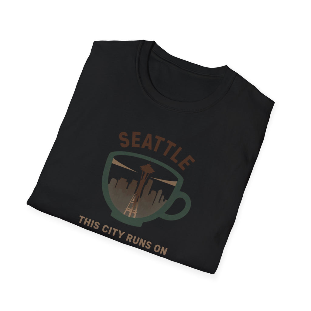 Seattle Coffee City T-Shirt — "This City Runs on Caffeine and Chaos"