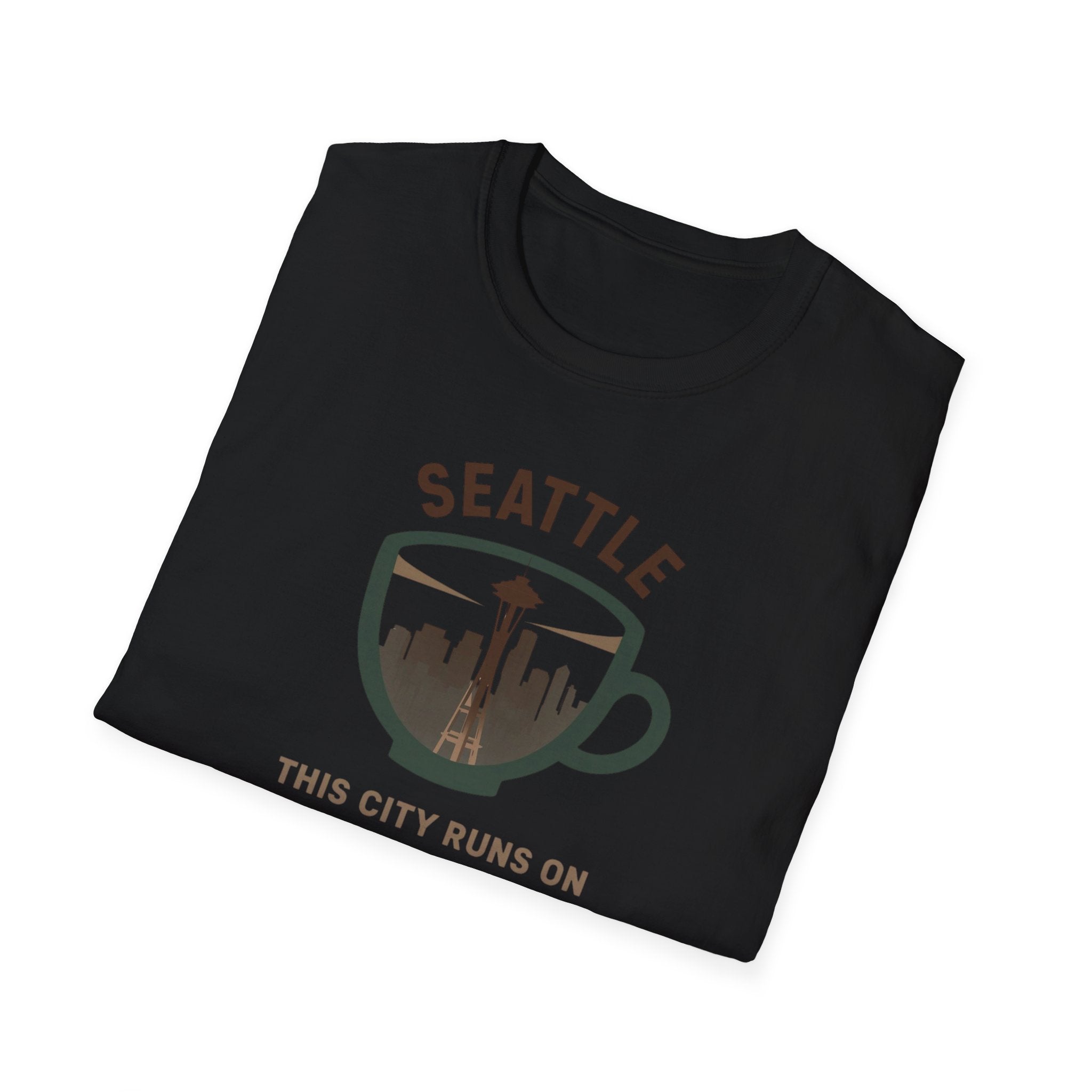 Seattle Coffee City T-Shirt — "This City Runs on Caffeine and Chaos"