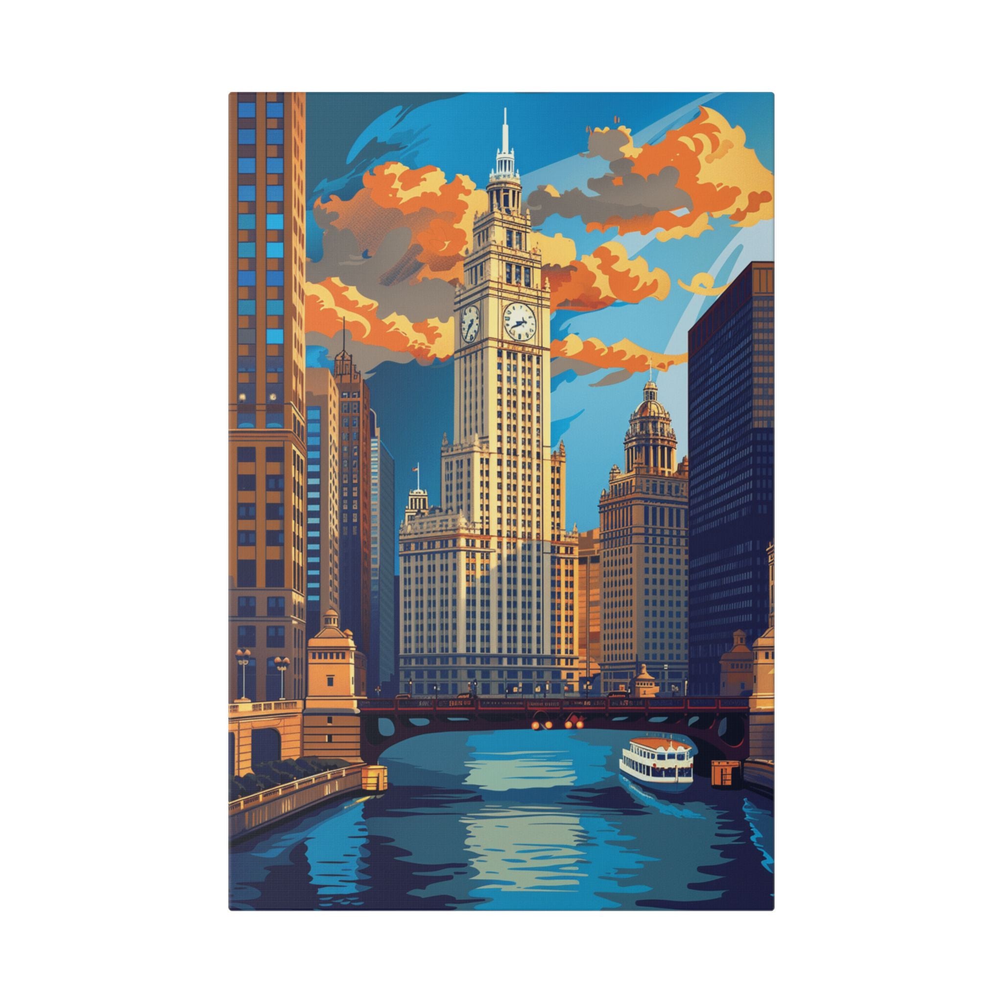 Chicago River Skyline Stretched Canvas — Vintage Cityscape Wall Art
