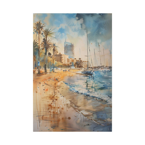 Barcelona Harbour - Mediterranean Seaside Palm Beach Canvas — Coastal Watercolor Stretched Wall Art