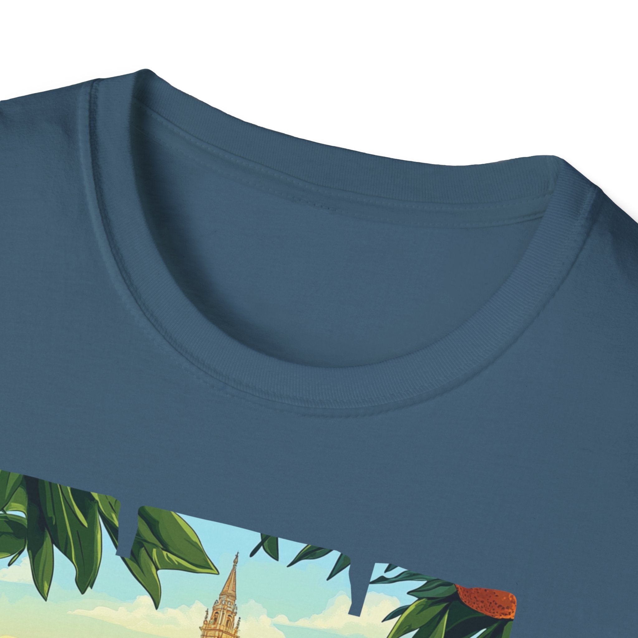Valencia vintage travel postcard T-Shirt | Spain city skyline, oranges, palm leaves