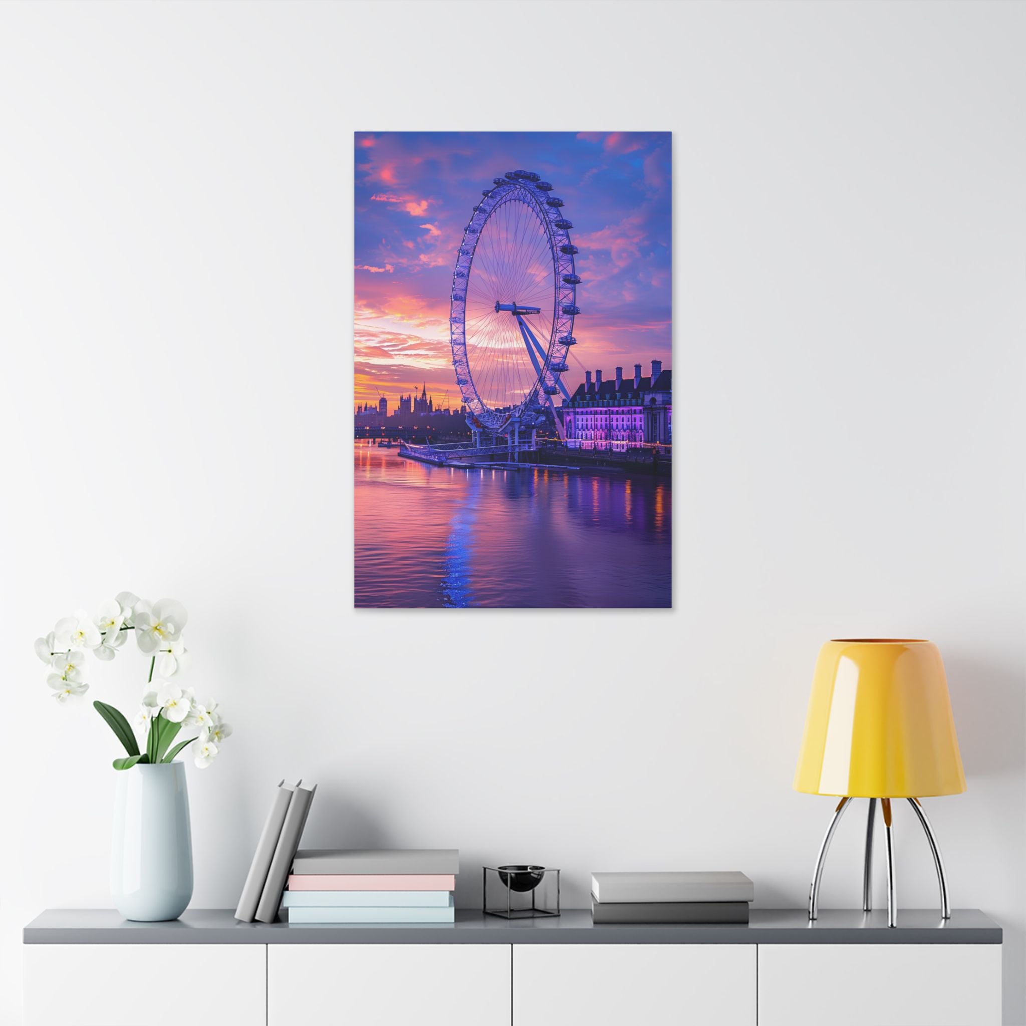 London Eye Sunset Canvas Wall Art — Purple Sunrise Cityscape Stretched Canvas