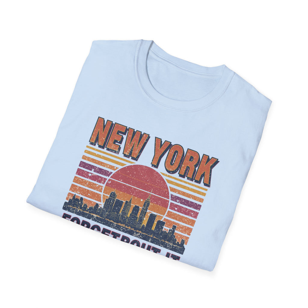 New York Skyline T‑Shirt – “Forgetbout It” Vintage Sunset Tee