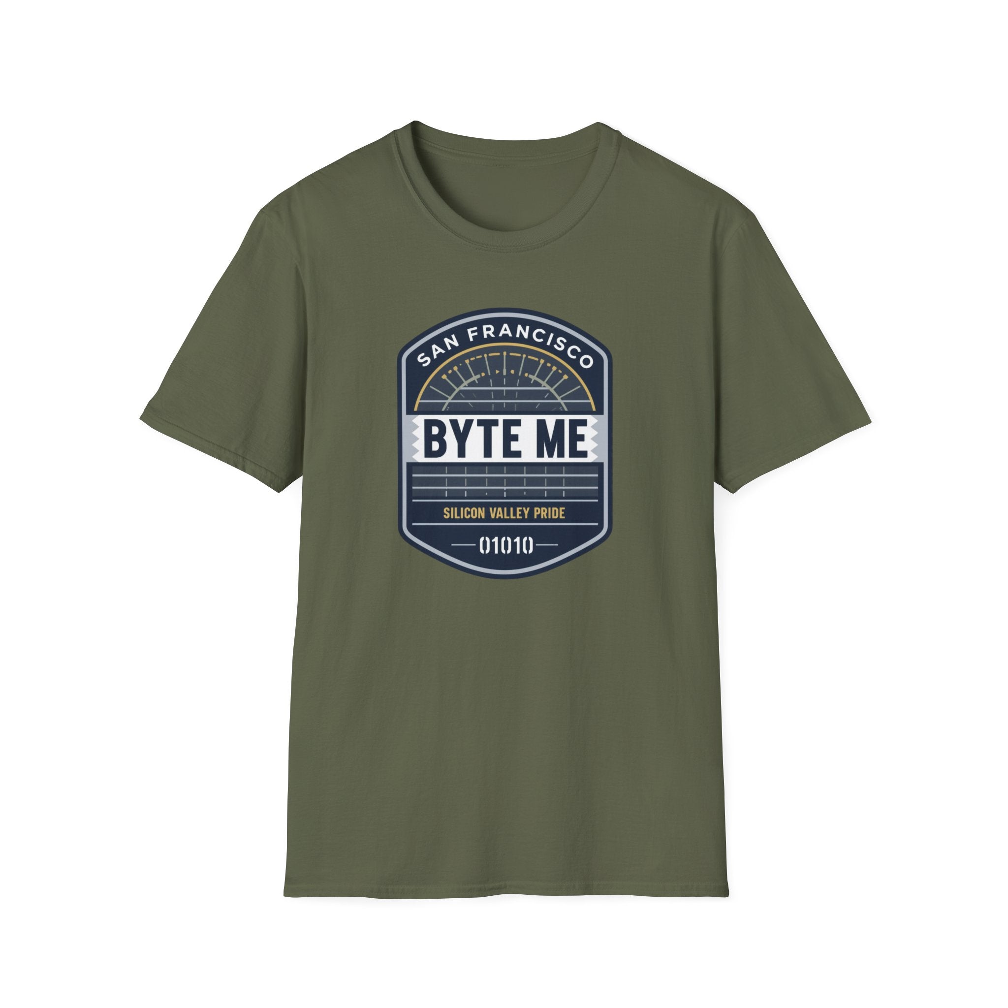 Byte Me San Francisco T-Shirt — Retro Tech Badge Tee (01010)