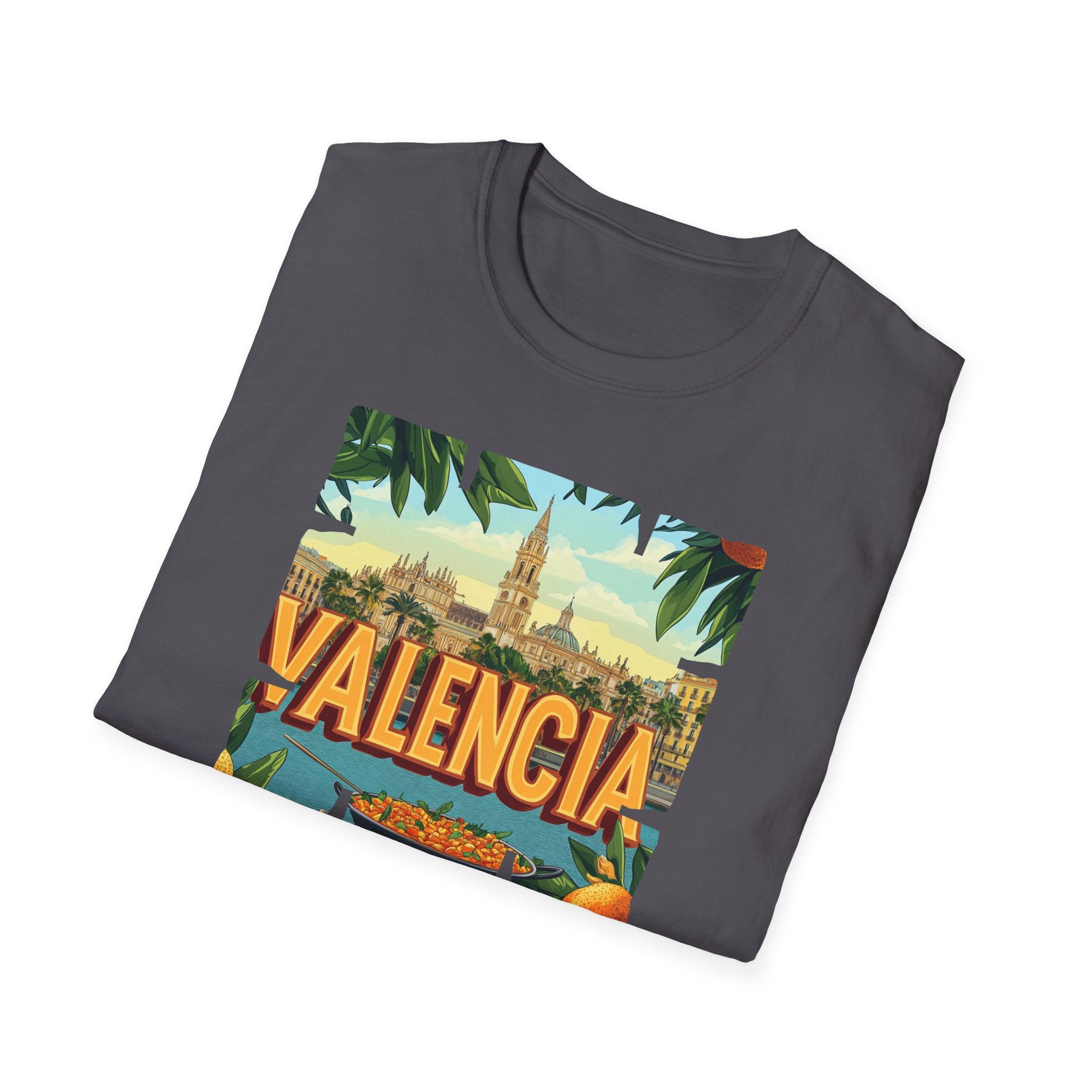 Valencia vintage travel postcard T-Shirt | Spain city skyline, oranges, palm leaves