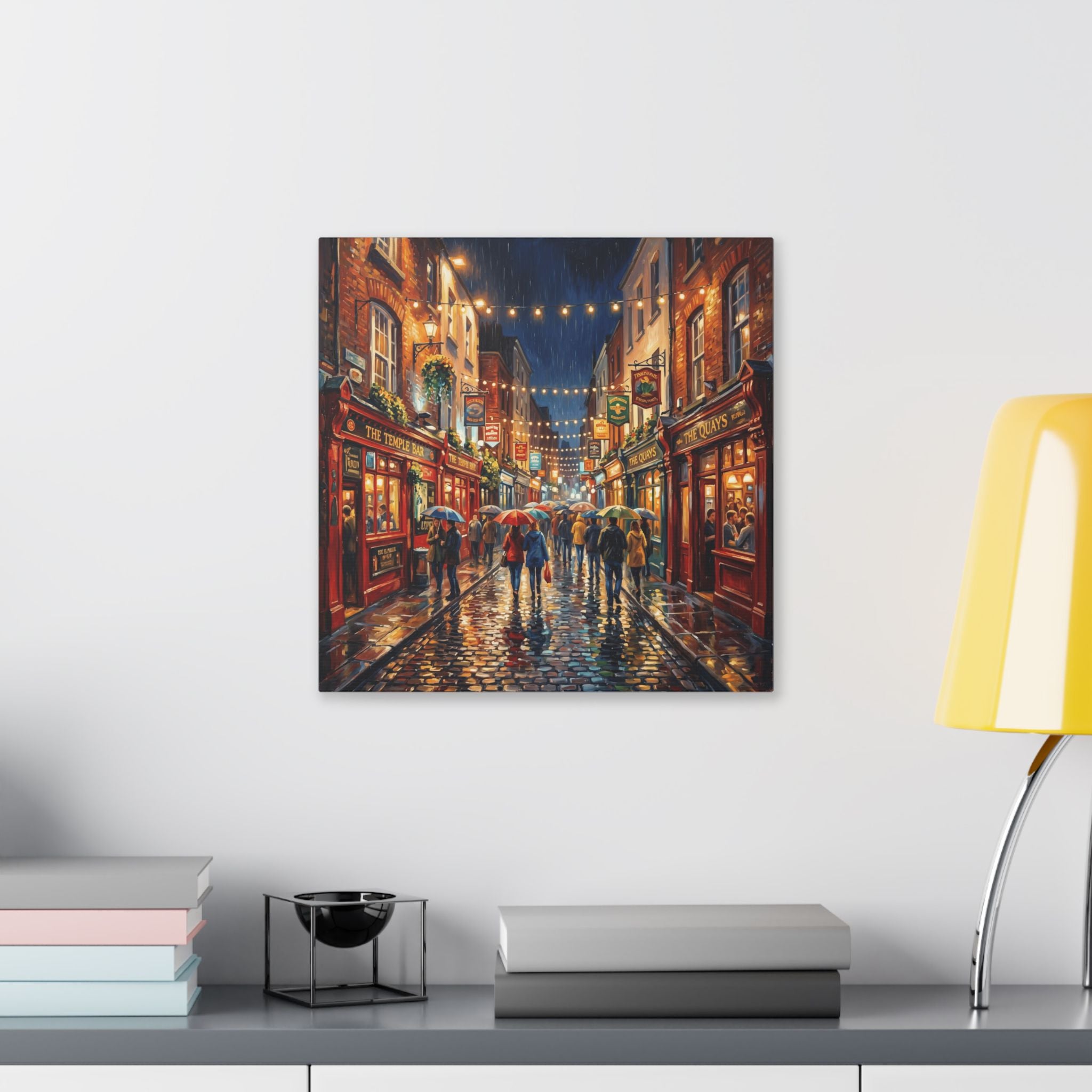 Temple Bar Dublin - Rainy City Street Canvas Wall Art - Cozy Evening Pub Scene Stretched Canvas