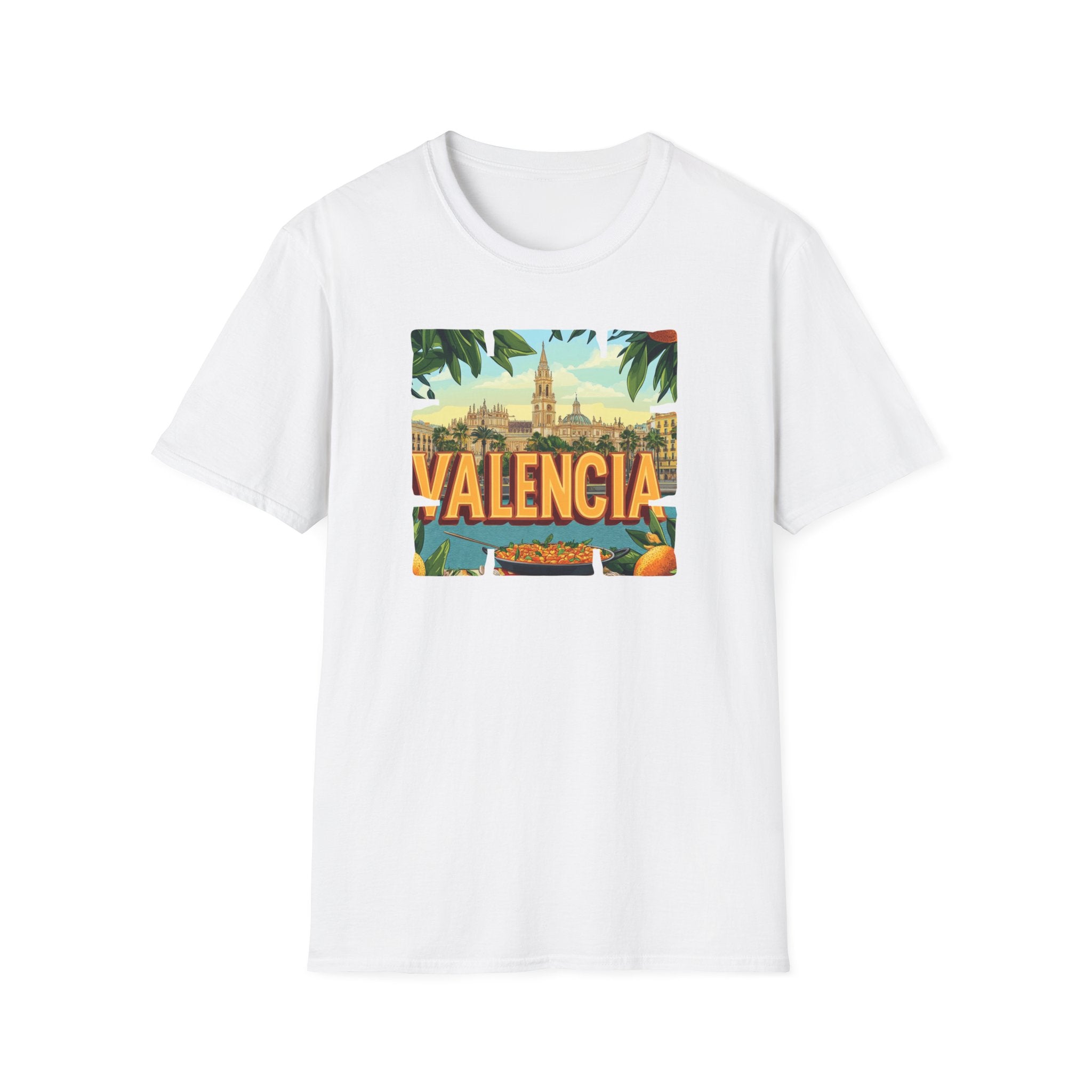 Valencia vintage travel postcard T-Shirt | Spain city skyline, oranges, palm leaves