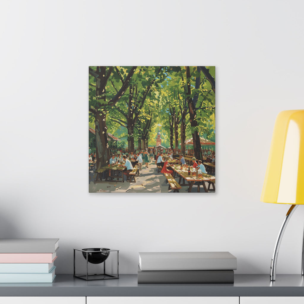 Biergarten Canvas Wall Art — Sunny Tree-Lined Outdoor Market Scene