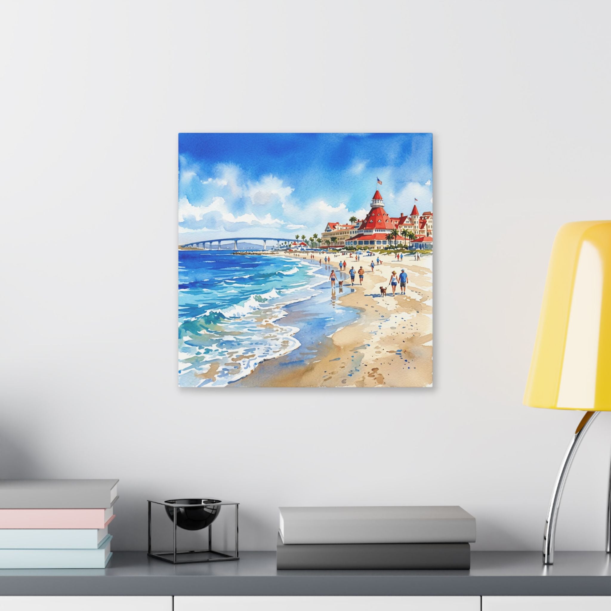 San Diego - Coronado Beach - Coastal Beachfront Hotel Canvas — Vibrant Seaside Watercolor Wall Art