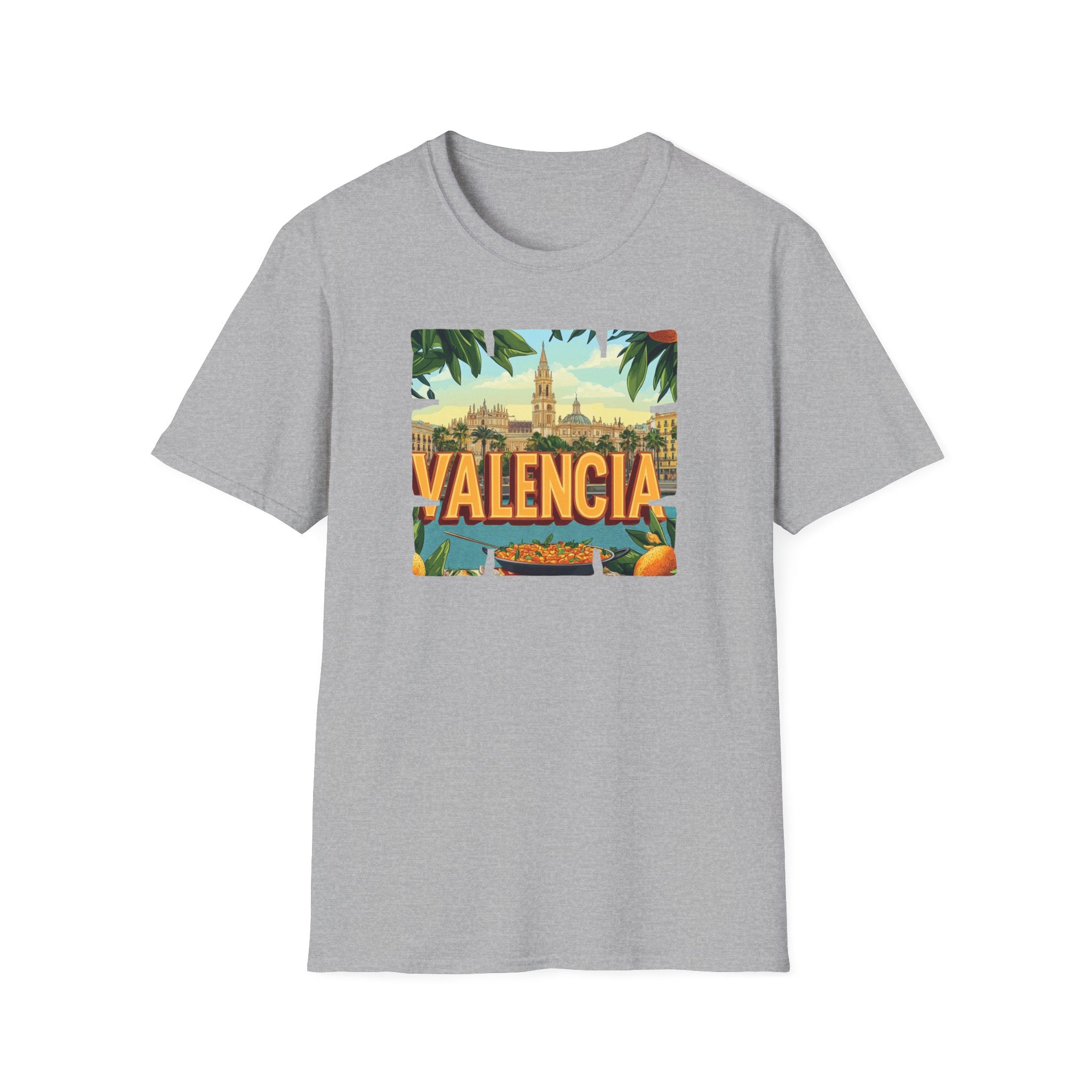 Valencia vintage travel postcard T-Shirt | Spain city skyline, oranges, palm leaves