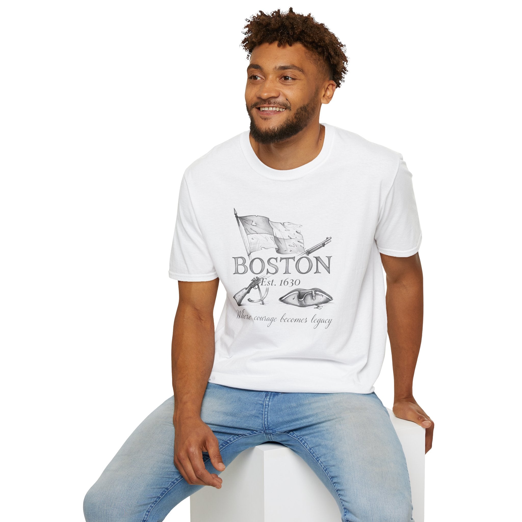 Boston 1630 Heritage T-Shirt — Colonial Flag & Tricorn Design