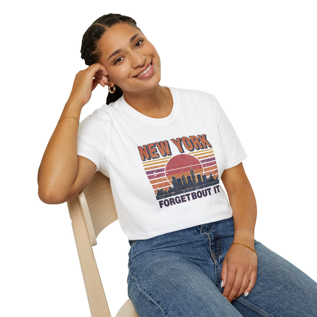 New York Skyline T‑Shirt – “Forgetbout It” Vintage Sunset Tee