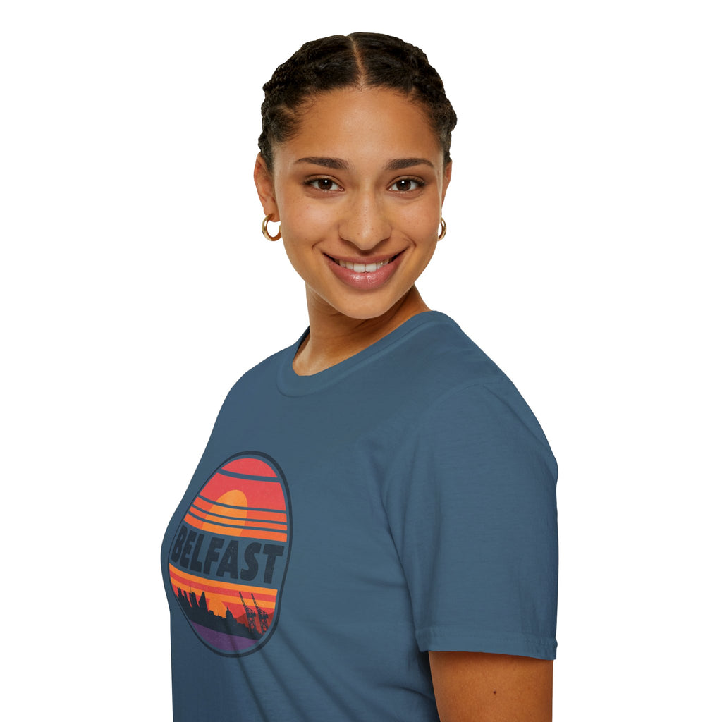 Belfast Sunset T-Shirt — Retro Skyline Graphic Tee