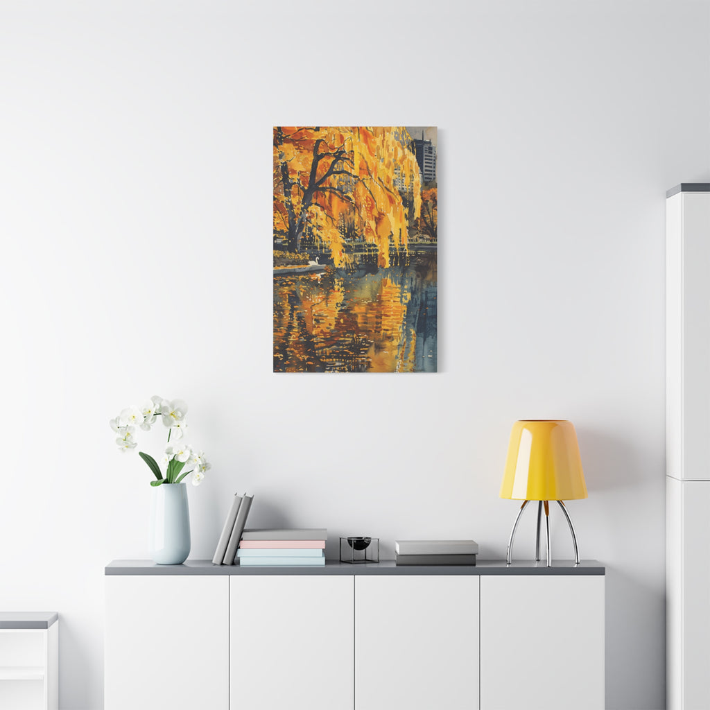 Boston Skyline with Hancock Tower in the background -Autumn Cityscape Canvas - Golden Willow Lake Stretched Wall Art