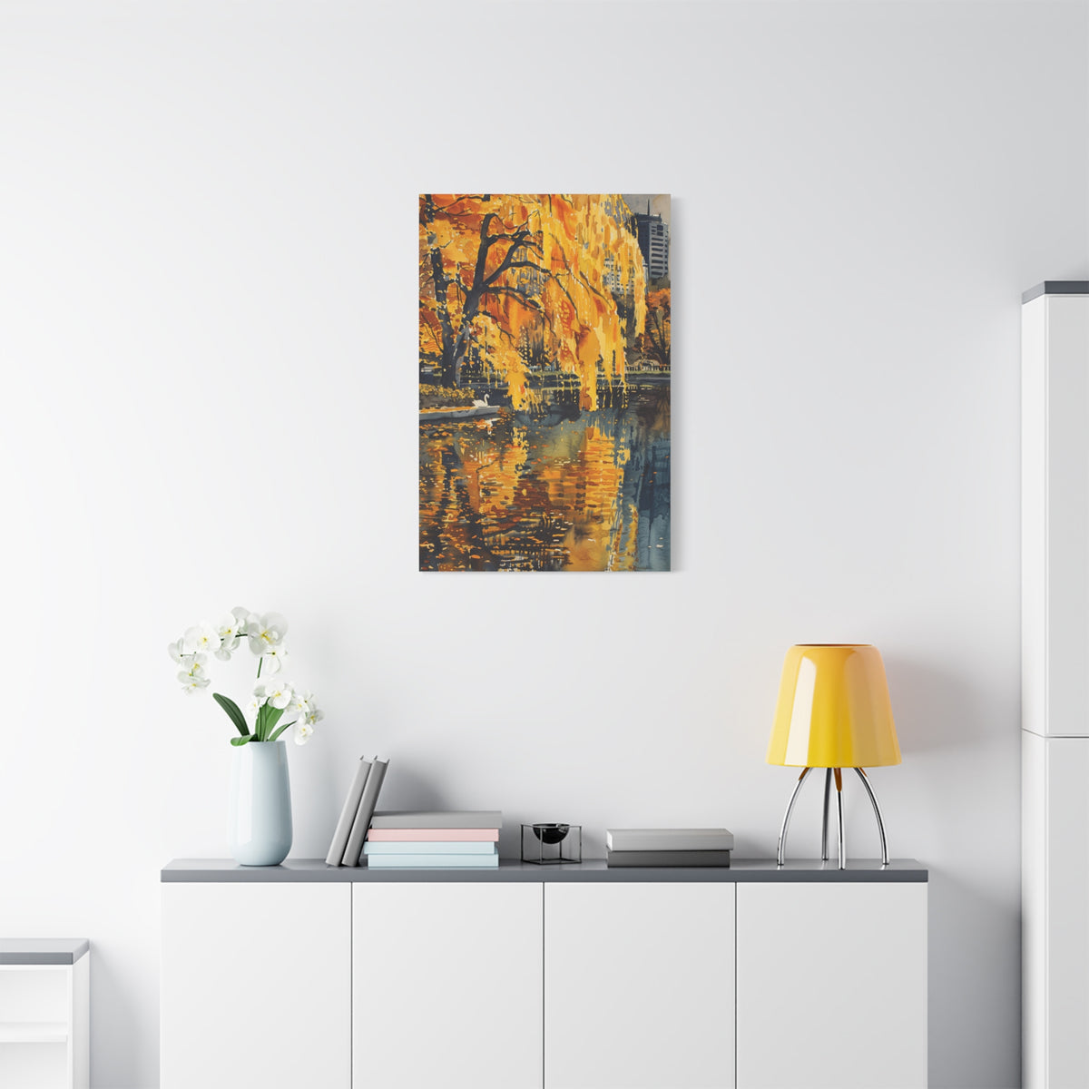 Boston Skyline with Hancock Tower in the background -Autumn Cityscape Canvas - Golden Willow Lake Stretched Wall Art