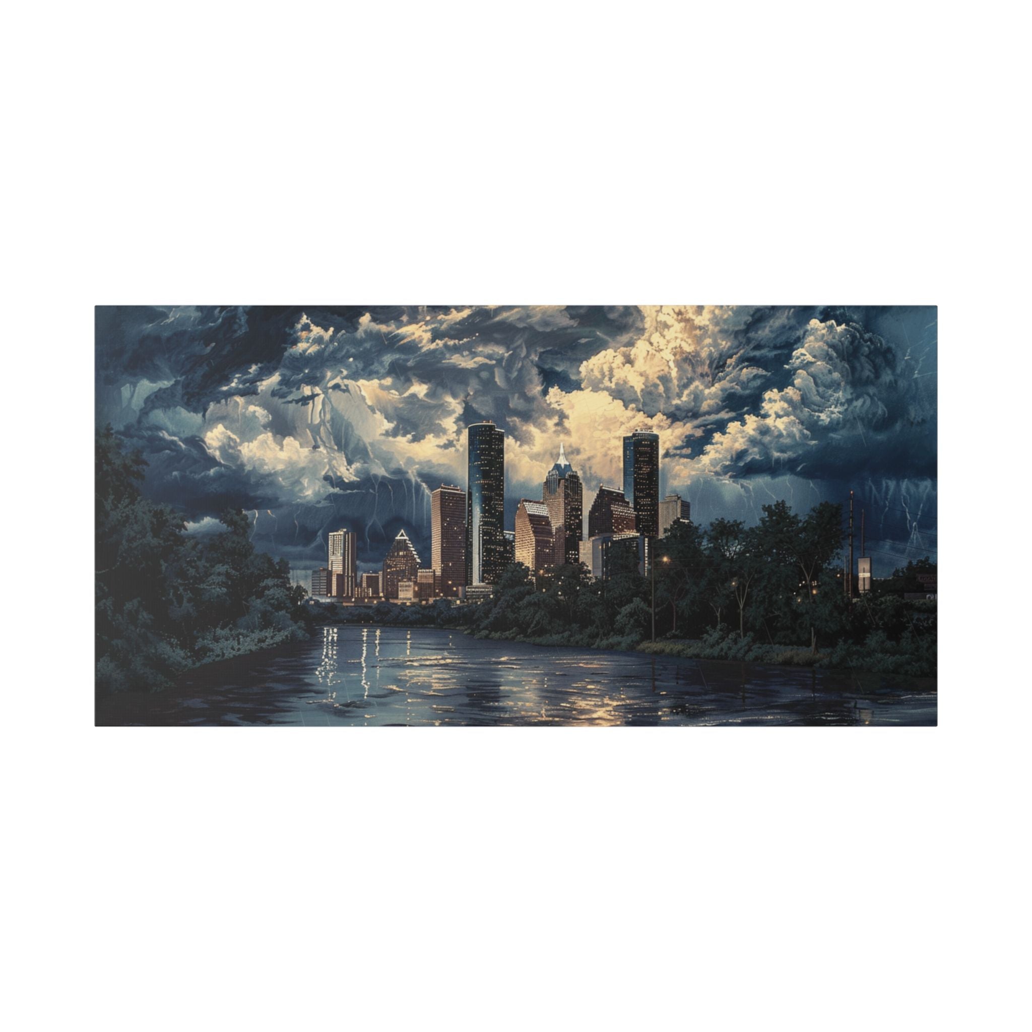 Houston Downtown Skyline Canvas Print — Moody Nightscape Stretched Wall Art