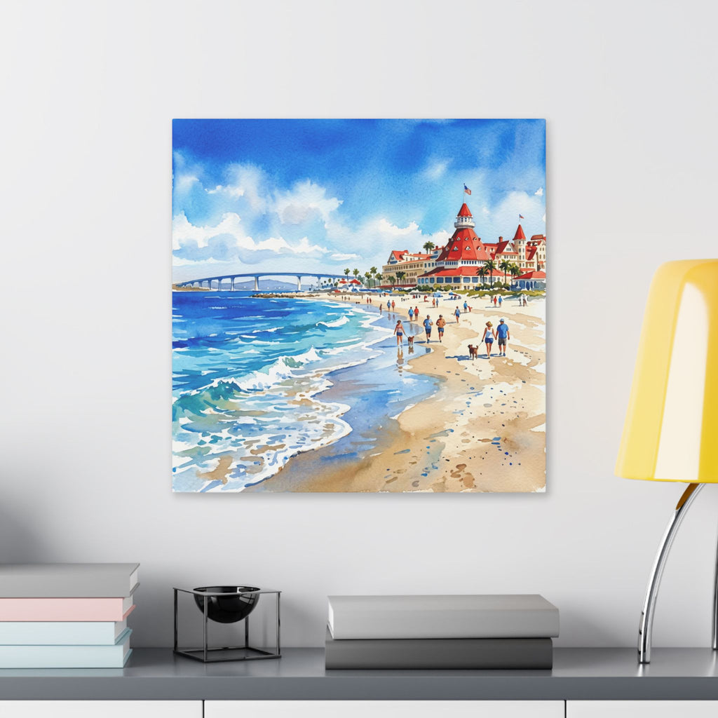 San Diego - Coronado Beach - Coastal Beachfront Hotel Canvas — Vibrant Seaside Watercolor Wall Art