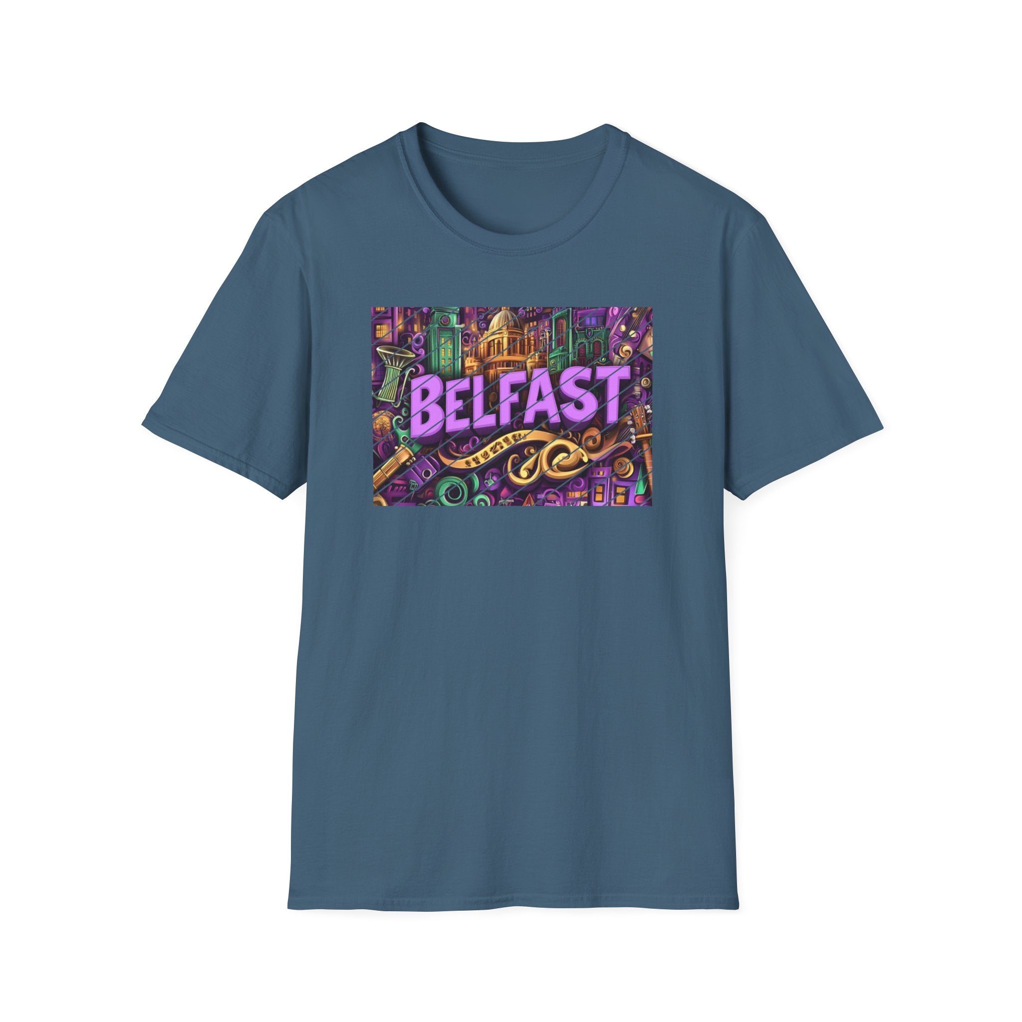 Belfast Neon Script T-Shirt | Retro Rainbow Stripes