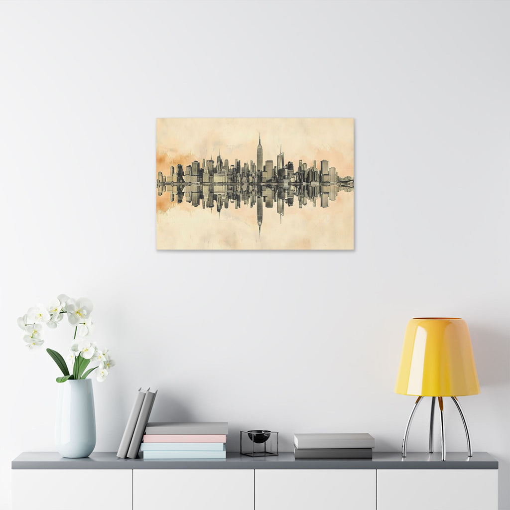 New York City Skyline Canvas Print — Sepia Watercolor Mirror Reflection Wall Art