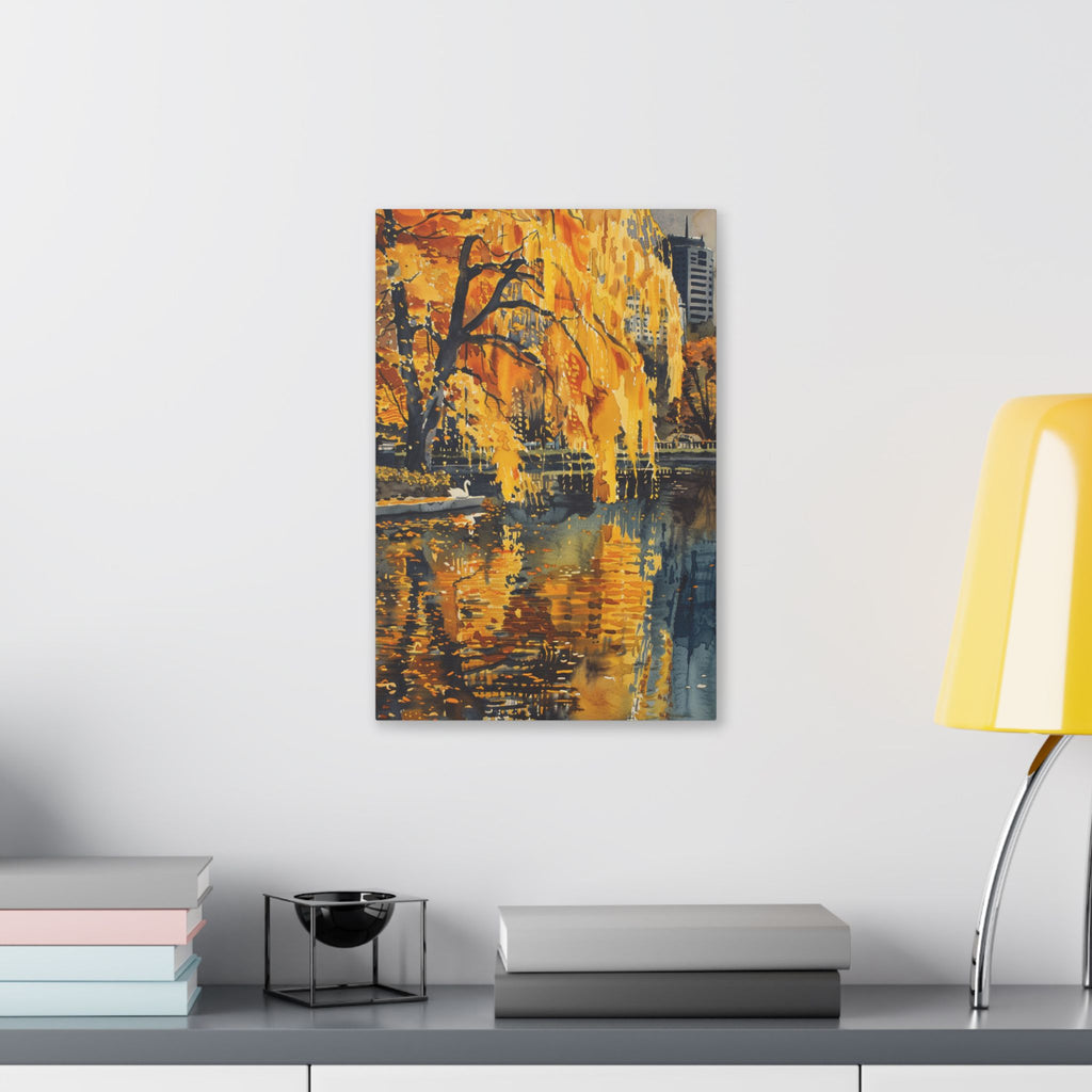 Boston Skyline with Hancock Tower in the background -Autumn Cityscape Canvas - Golden Willow Lake Stretched Wall Art