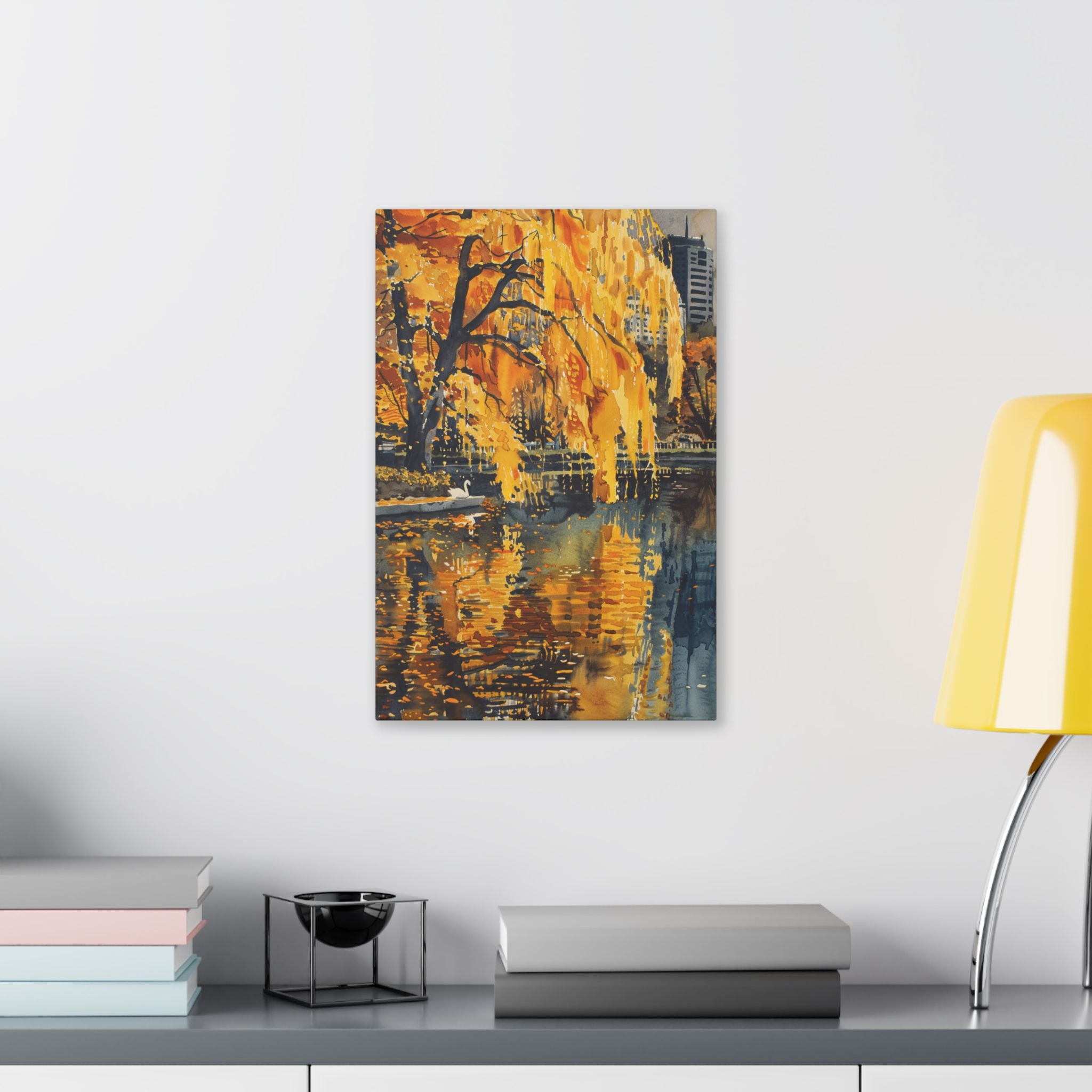 Boston Skyline with Hancock Tower in the background -Autumn Cityscape Canvas - Golden Willow Lake Stretched Wall Art