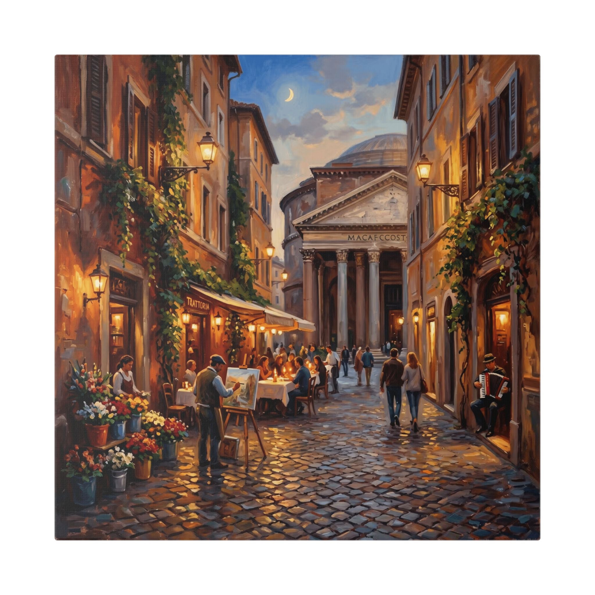Romantic European Street Canvas — Evening Cafe by the Pantheon