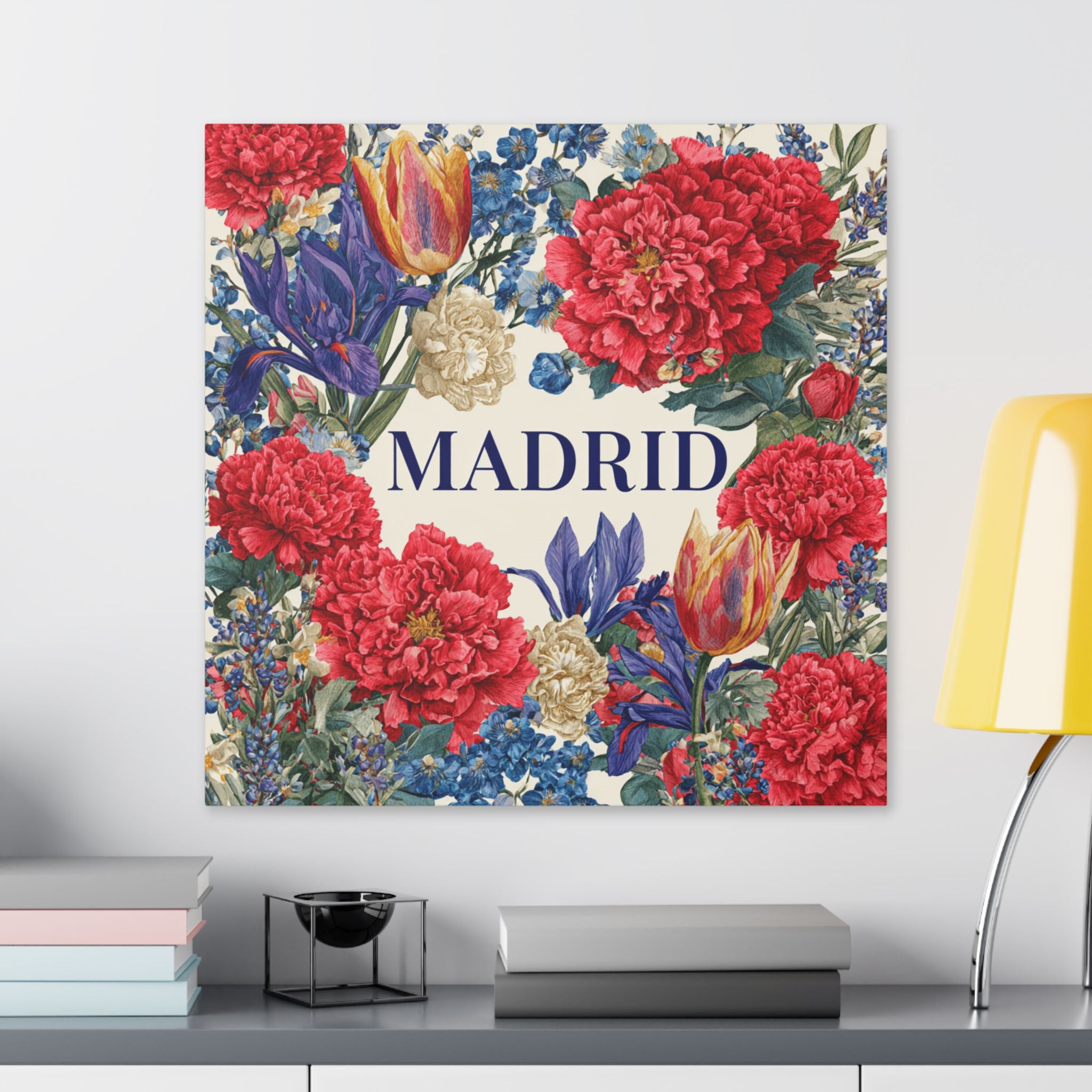 Madrid Floral Canvas Wall Art — Vintage Red & Blue Bouquet Stretched Canvas
