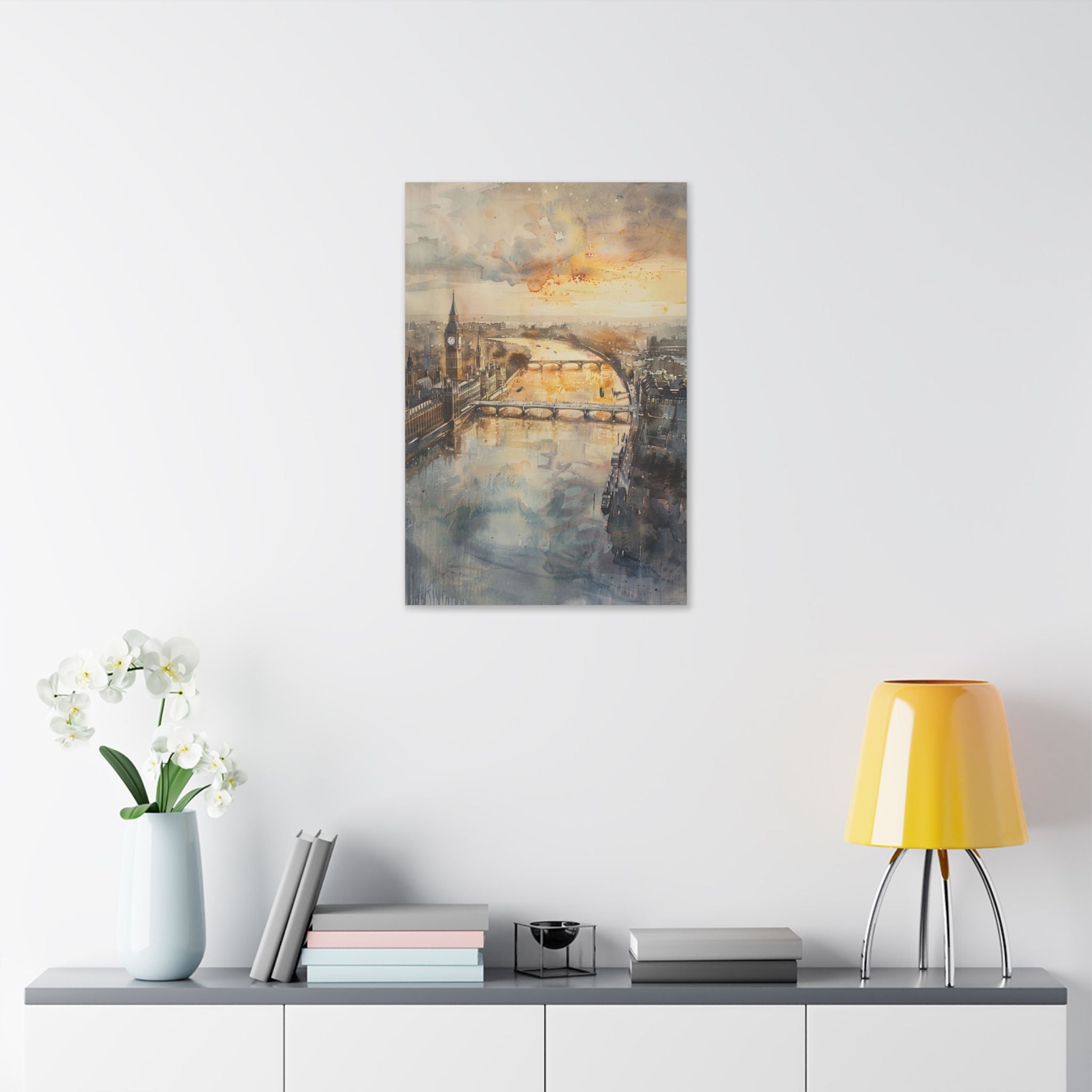 London River Sunset Canvas Print — Watercolor Cityscape Wall Art